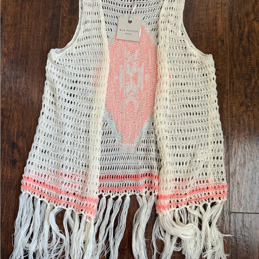NWT Blu Pepper Cream and Pink Crochet Fringe Vest